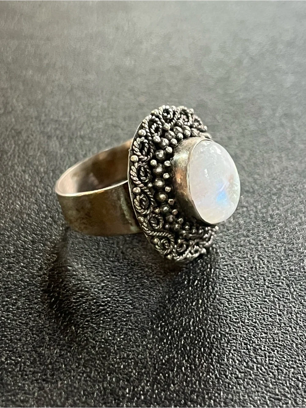 Sterling Silver Moonstone Beaded Halo Ring -Blue flash. See description